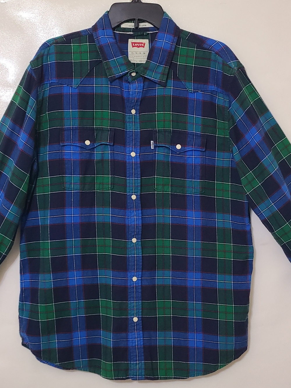 Levi's Green & Blue Plaid‎ Modern Fit Long Sleeve Western Pearl Snap Shirt - XL